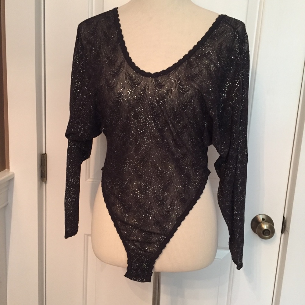 GUY LAROCHE BODYSUIT BLACK SILVER MESH LACE Size M VINTAGE